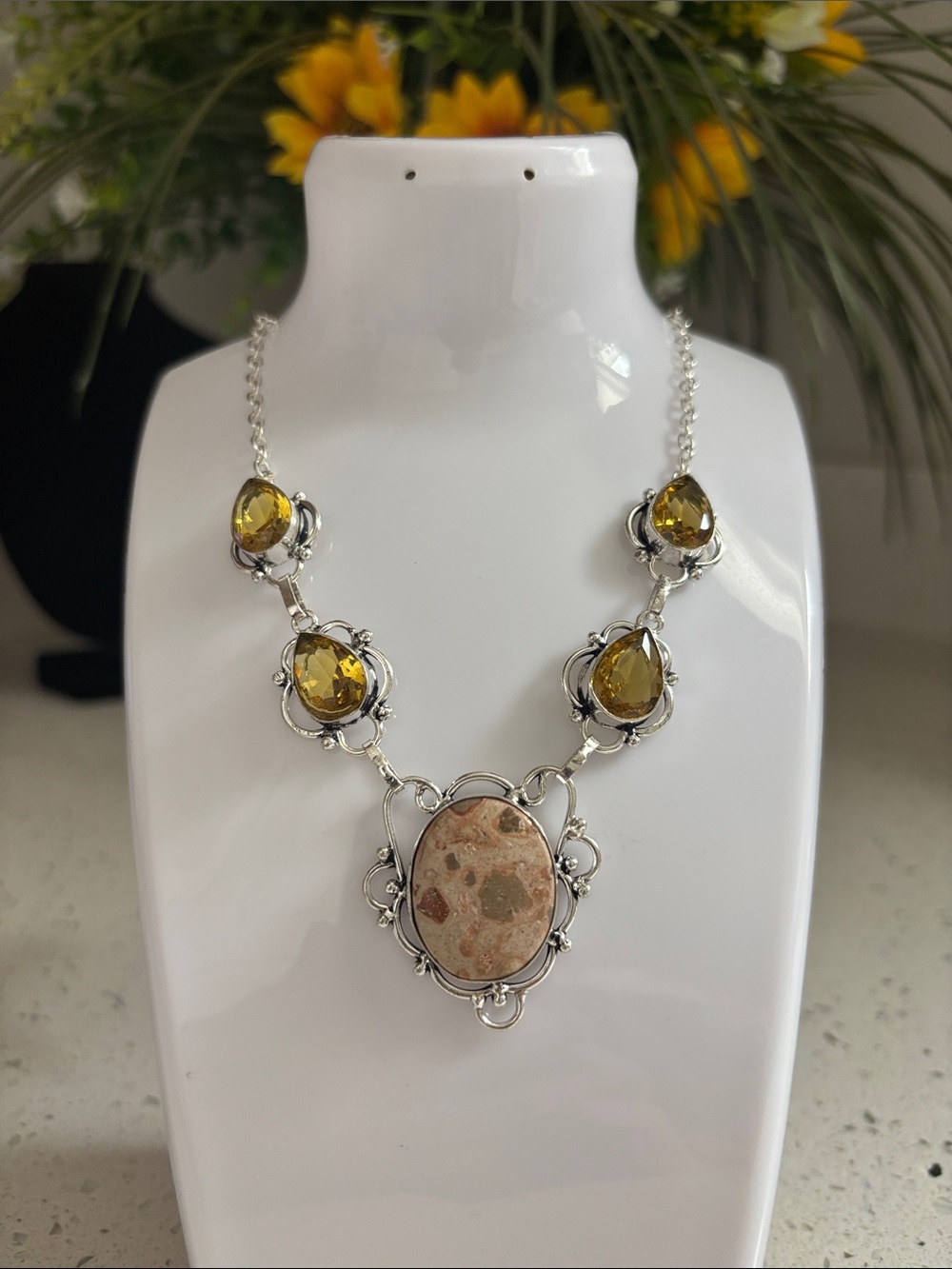 Leopard Skin Jasper & Citrine Gemstone Handmade Necklace